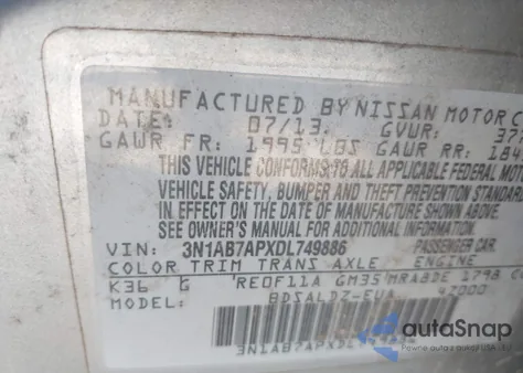 2013 Nissan Sentra Sv z USA, uszkodzony, nr VIN 3N1AB7APXDL749886